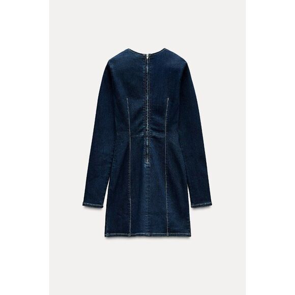 Zara Denim Mini Dress Womens Dark Indigo M Denim Jean Long sleeve 4365/282 NWT - Picture 1 of 10